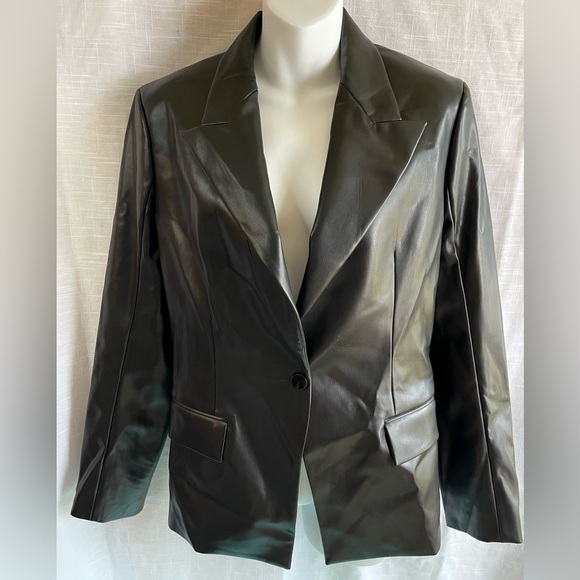 Vegan Jacket By Theory Angled Blazer Bedford Faux Leather One Button Size 10- BK - Picture 1 of 14